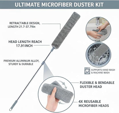Retractable Gap Dust Cleaner - Ultra-Thin Flexible Duster with 4 Washable Microfiber Pads, Extendable Pole for Under Refrigerator, Blinds, Appliances, and Hard-to-Reach Areas Cleaning Tool