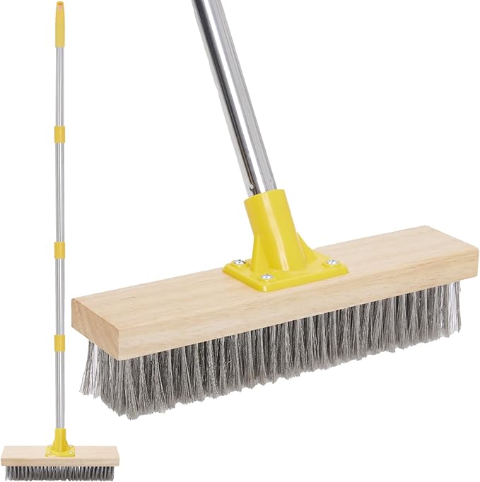 Stainless Steel Deck Brushes for Scrubbing Heavy Duty, 60" Concrete Floor Scrub Brush with Long Handle, Metal Stiff Wire Scrubber Broom for Cleaning Moss, Garage, Patio, Garden, Outdoor Stain