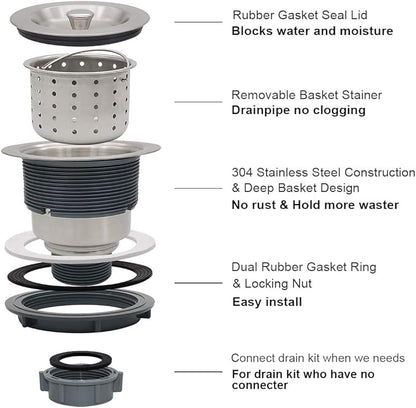 3-1/2-Inch Kitchen Sink Drain Strainer Assembly Kit, GZILA Deep Waste Basket Strainer with Sealing Lid Sink Stopper, 304 Stainless Steel Brushed Nickel