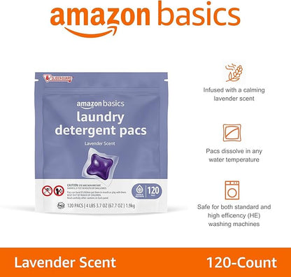 Amazon Basics Laundry Detergent Pacs, Lavender Scent, HE Compatible, Easy to Use Pre-Measured Pods, Clean Clothes, 120 Count (New Packaging)