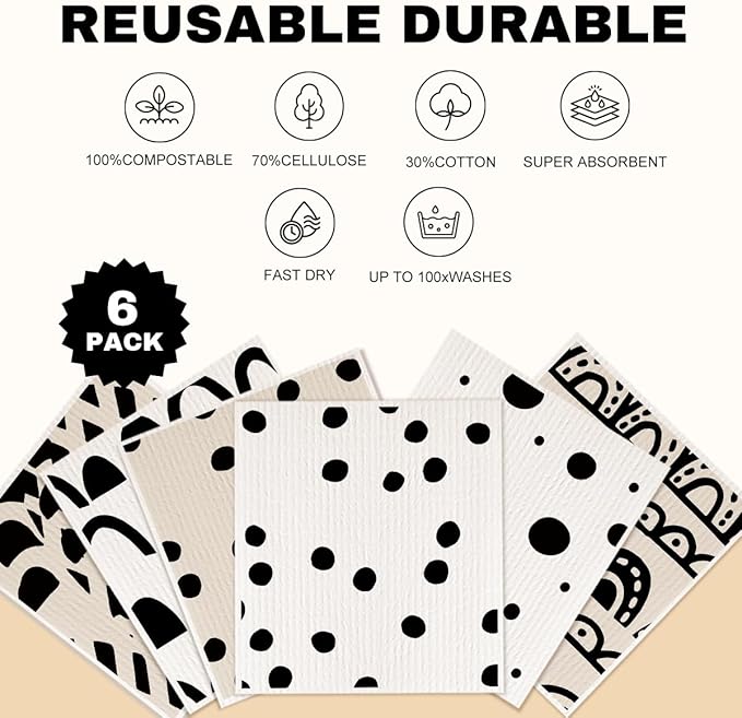 Reusable Swedish Dishcloths 6 Pack, Washable Absorbent Cellulose Cloths, No Odor Dish Cloths for Kitchen Home Cleaning, Eco-Friendly Paper Towel, Kitchen Gifts for Women