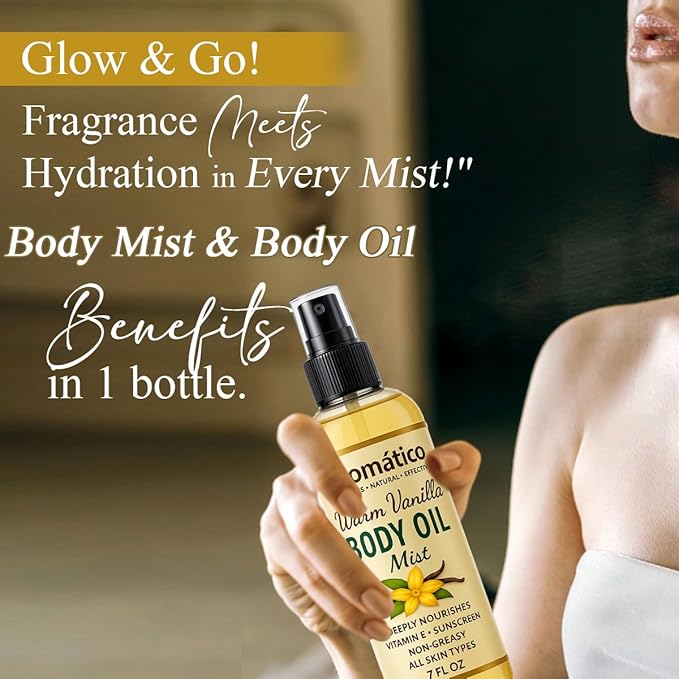 Aromatico Warm Vanilla Body Oil Mist for Women – 7 fl oz | Lightweight, Non-Sticky, Spray-on formula for Daily use After Shower | Moisturized, Soft, Glowing Skin | Cozy, Creamy Vanilla Scent