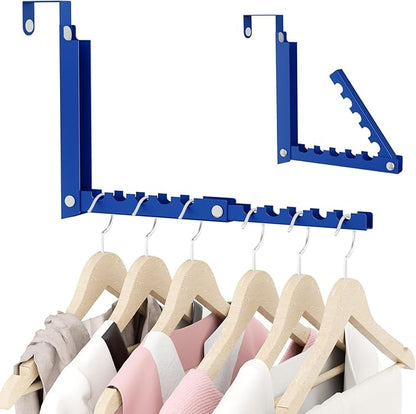 BAKON Over The Door Hangers, Over Door Hooks for Hanging, Small Space Dual Folding Portable Over Door Clothes Hanger for Clothes, Hats, Bags and Towels. (1, Blue)