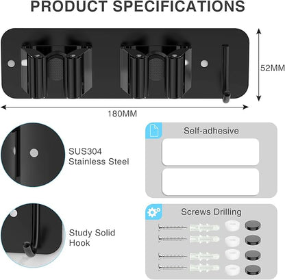 homeasy Wall Mount Mop and Broom Holder, Heavy Duty Stainless Steel Organizer Rack with Hooks | 2-Pack, 2-in-1 No Drill & Screw Installation, Black
