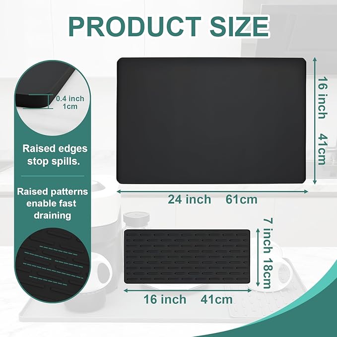 Silicone Coffee Mat, 24"X16" Heat-Resistant,Eco-friendly,Hygienic Drying Pad,Leak-Proof and Non-Slip,Removable Silicone Mat with Concave and Convex Design,（Black 24X16）