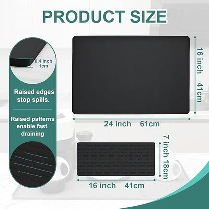 Silicone Coffee Mat, 24"X16" Heat-Resistant,Eco-friendly,Hygienic Drying Pad,Leak-Proof and Non-Slip,Removable Silicone Mat with Concave and Convex Design,（Black 24X16）