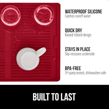 GORILLA GRIP 100% BPA-Free Patented Silicone Dish Drying Mat for Kitchen Counter, Water Catching Ribbed Design, Easy Clean Waterproof Sink Liner, Heat Resistant, Fits Under Rack, 11x13 Inch, Red