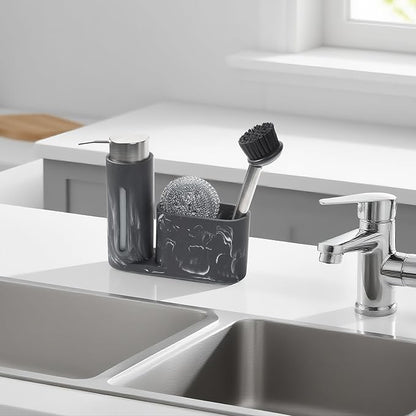 Kitchen Soap Dispenser Set 3 in 1, Dish Soap Dispenser with Sponge Holder, Dish Brush & Brush Holder, Kitchen Sink Caddy Organizer for Countertop, Rustproof（Black）
