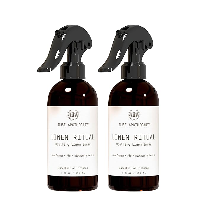 Muse Apothecary Linen Ritual - Aromatic, Soothing, and Relaxing Linen Mist, Laundry and Fabric Spray - Infused with Aromatherapy Essential Oils - 4 oz, Cara Orange + Fig + BlackBerry Vanilla, 2 Pack