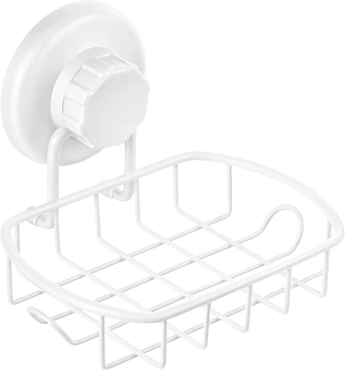 HASKO Suction Cup Soap Dish for Shower Wall, Rustproof Stainless Steel, Shower Soap Holder with Hooks for Bathroom, Includes Optional No Drill Adhesive Mount and Soap Saver, White