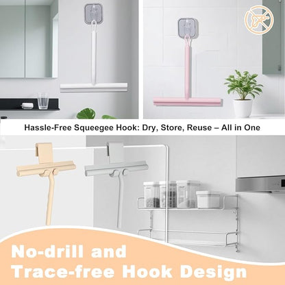 Squeegee for Shower Glass Doors, Resilient Loop - No-Drill & Adhesive Hook, Silicone Shower Squeegee with Stainless Steel Core, Cleaning Tool for Home, Kitchen, Bathroom & Car - Beige