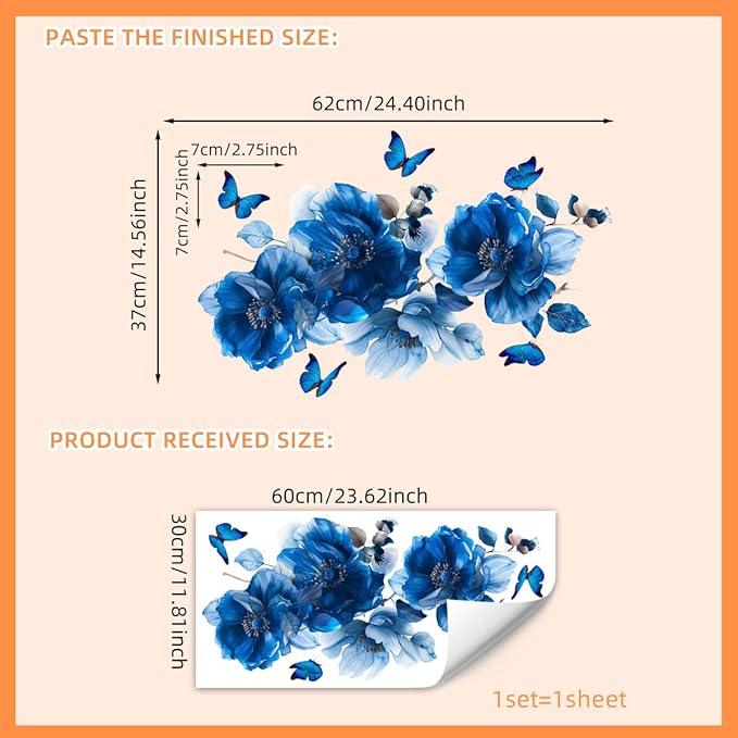 Runtoo Blue Flowers Wall Decals Butterfly Watercolor Floral Wall Stickers for Bedroom Living Room Bathroom Home Decor