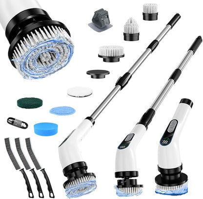 Electric Spin Scrubber Cordless – Powerful Bathroom Cleaning Brush with Long Handle, 2 Speeds, 3000mAh Rechargeable, 7 Brush Heads, Wall Hanger & Crevice Tools – Shower, Tub & Tile Cleaner