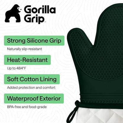 GORILLA GRIP BPA-Free Soft Silicone Oven Mitts, Heat Resistant and Waterproof Cooking Gloves, Thick Cotton Lining, Flexible Gripping for Baking Grilling, Kitchen Potholders Set, 12.5x8.3, Hunter Green