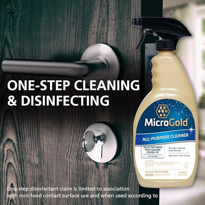 MicroGold All-Purpose Cleaner Spray Kills 99.9% of Bacteria and Viruses Bleach Free for Use in Kitchens and Bathrooms, 24 Fluid Ounces, 1 Pack
