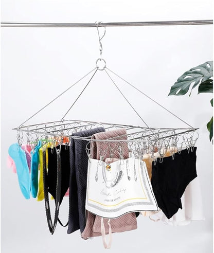 Folding Clothes Drying Hanger 36 Clips Stainless Steel Space-Saving Dryer Rack Washline with Peg for Sock, Underwear, Baby Clothes, Diapers and Hanging Small Washes
