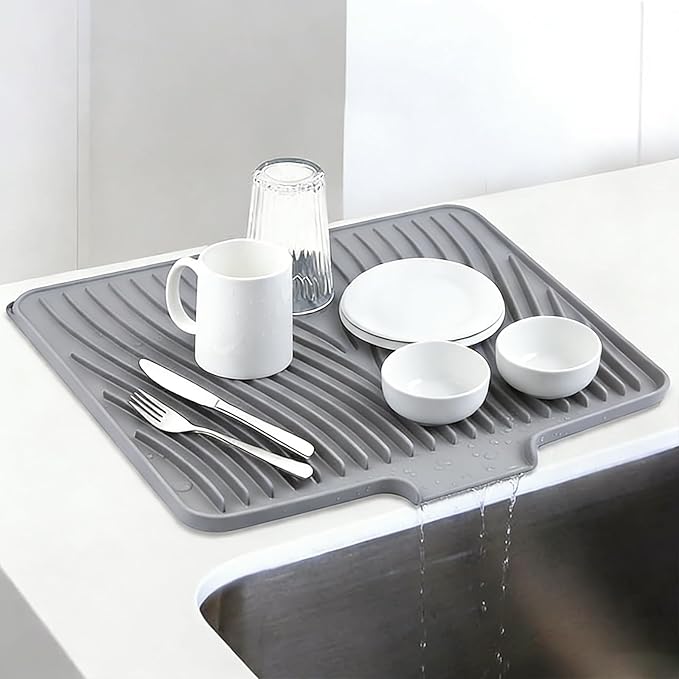 Silicone Drying Mat, 16"X13" With Built-in Drain Lip,Heat-Resistant,Eco-friendly,Hygienic Drying Pad,Leak-Proof and Non-Slip,Silicone Dish Drying Mat for Kitchen Counter or Sink（Gray 16X13）