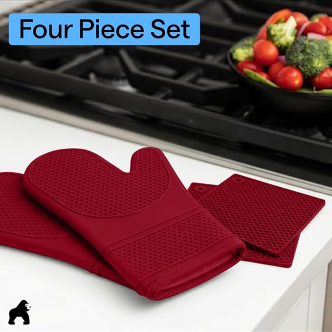 GORILLA GRIP BPA-Free Soft Silicone Oven Mitts and Pot Holders Sets of 4, Heat Resistant Waterproof Cooking Gloves, Thick Cotton Lining, Flexible Gripping for Baking Grilling, Kitchen Trivets, Red
