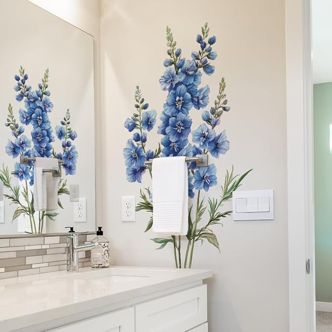 3D Wall Stickers DIY Flower Wall Decal Removable Waterproof Wall Art Decor for Bedroom Living Room Offices Home Decoration (Blue Delphinium)