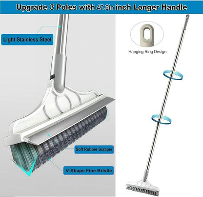 2 in 1 Cleaning Scrub Brush Grout Brush Scrapee 3 Poles 47.6'' Floor Scrub Brush with Long Handle V-Shape Stiff Bristle Brush Scrubber with Squeegee 120°Rotate Shower Cleaning Brush for Bathroom Glass