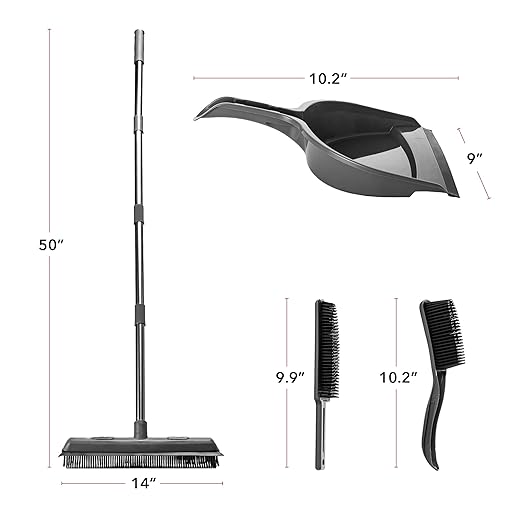 OVENTE Carpet Rake Rubber Broom for Pet Hair Removal with Squeegee, Detailing Lint Fur Remover Brush, Dustpan and 50” Handle, Cleaning Tools Set for Rug, Hardwood Floor, Tile and Window, Grey CT2504GY