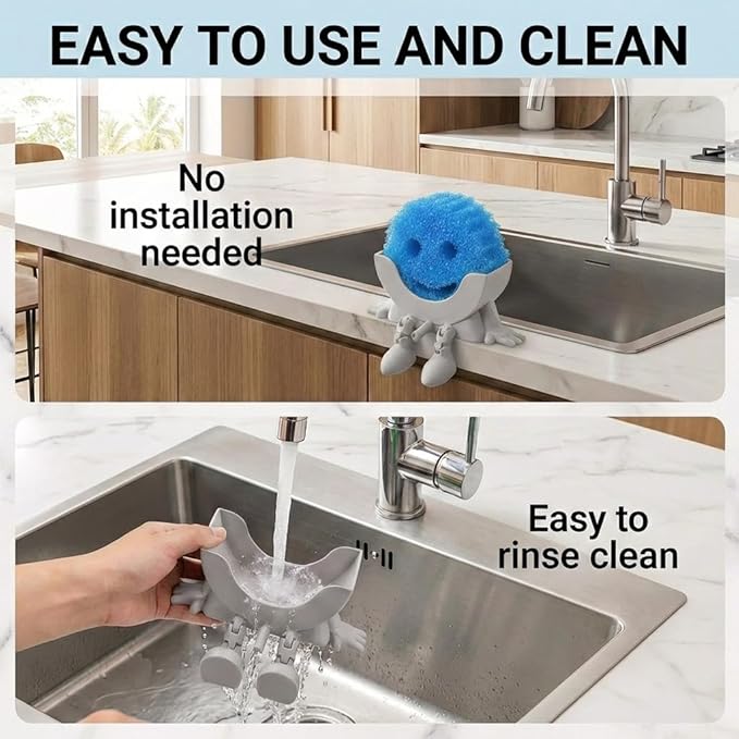 Creative Hanging Sponge Holder with Drainage/Traceless Glue, 3D Printing Countertop Funny Sponge Holders for Kitchen Sink, Keeps Your Sponge Dry & Smiling, for Scrub Daddy Holder (1, Grey)