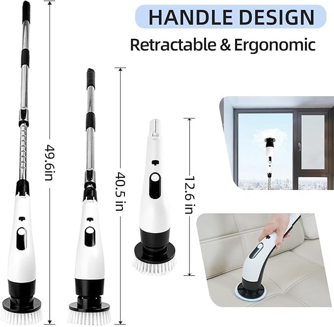 PUNOMO Electric Spin Scrubber, Cordless Bathroom Cleaning Brush with 8 Replaceable Heads & Adjustable Handle, IPX7 Waterproof Shower Scrubber with LCD Display, 2 Speeds for Bathtub, Floor, Tile