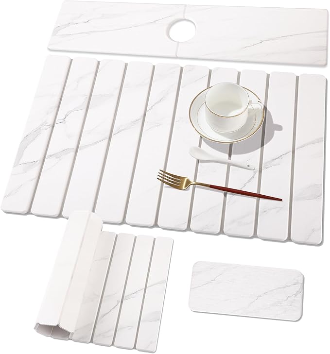3 PCS Large Stone Dish Drying Mat for Kitchen Counter, Quick Dry Stone Dishes Mats, Sink Faucet Mat, Marble Water Absorbing Diatomaceous Earth Drying Pad for Countertop Tableware, Bottles