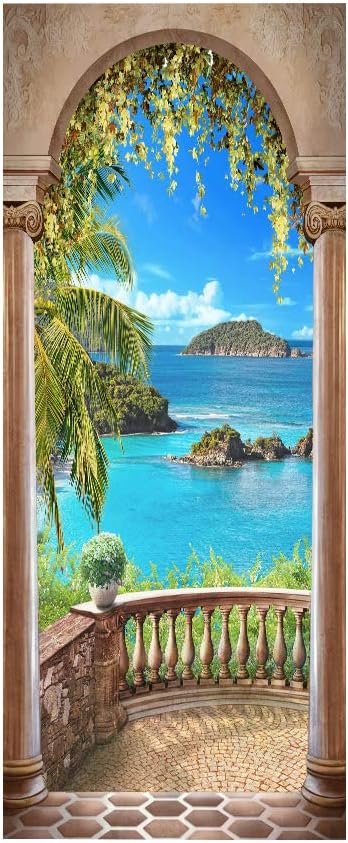3D Door Stickers Murals - Landscape Peel & Stick Removable PVC Waterproof Poster 37.4" x 84.6" White Tropical Ocean Theme