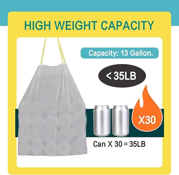 Strong Tall Kitchen Drawstring Trash Bags,big tall garbage can liners, 13 Gallon, Unscented, 50 Count