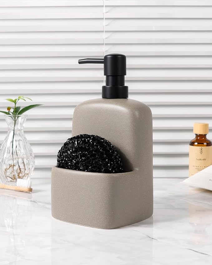 BosilunLife Dish Soap Dispenser - Matte Silver Grey Ceramic Kitchen Soap Dispenser with Sponge Holder Matte Ceramic Soap Daddy Dispenser 20oz for Kitchen Soap Pump and Sponges Caddy
