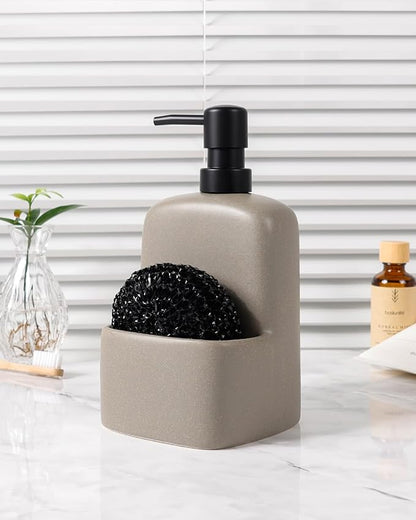 BosilunLife Dish Soap Dispenser - Matte Silver Grey Ceramic Kitchen Soap Dispenser with Sponge Holder Matte Ceramic Soap Daddy Dispenser 20oz for Kitchen Soap Pump and Sponges Caddy