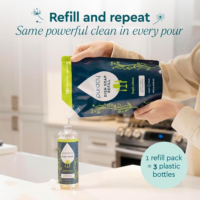 Puracy Natural Dish Soap - Skin-Softening Plant-Based Dishwashing Soap, Non-Toxic Dish Soap, Organic Liquid Dishwashing Detergent Soap (Fresh Citrus, 16 fl oz)