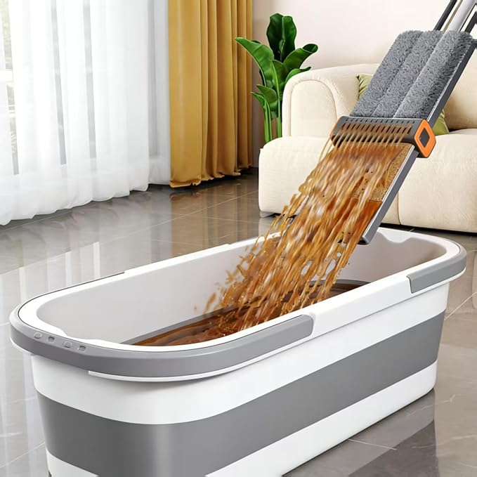 Mop and Bucket Set with Wringer, Flat Mop for Hardwood Floors, Cleaning Supplies with 6 Microfiber Pads (1 Mop + 6 Microfiber Pads + 1 Bucket)