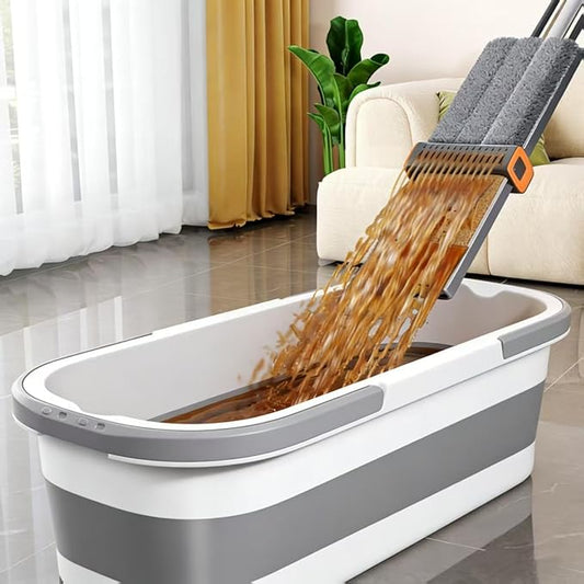 Mop and Bucket Set with Wringer, Flat Mop for Hardwood Floors, Cleaning Supplies with 6 Microfiber Pads (1 Mop + 6 Microfiber Pads + 1 Bucket)