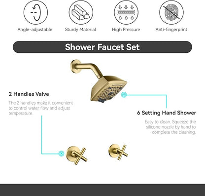 2 Handle Shower Faucet Set 6-Spray Shower Head and Handle Set Shower Trim Kit with Rough-in Valve Bathroom Shower Faucet Valve Trim Kit Brushed Gold