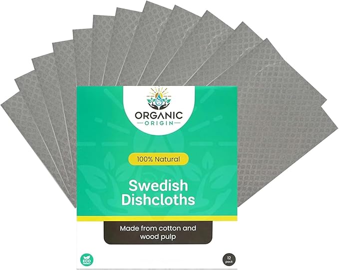 Swedish Dishcloths 12 Pack - Reusable Paper Towels for Kitchen, Absorbent Cellulose Sponge Cleaning Cloths, Washable Dish Rags, Quick Drying Kitchen Towels, Paper Towel Alternative by Organic Origin