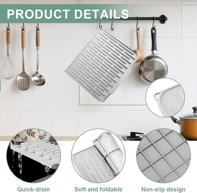 Silicone Kitchen Countertop Dish Drying Mat with Water Collection Tray Non-Slip Pad ( Grey)