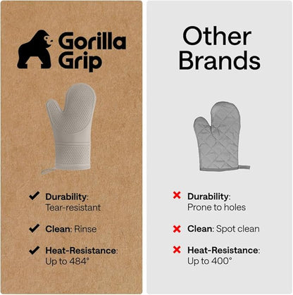 GORILLA GRIP BPA-Free Soft Silicone Oven Mitts, Heat Resistant and Waterproof Cooking Gloves, Thick Cotton Lining, Flexible Gripping for Baking Grilling, Kitchen Potholders Set of 2, 12.5x8.3, Almond