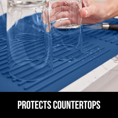 GORILLA GRIP 100% BPA-Free Patented Silicone Dish Drying Mat for Kitchen Counter, Water Catching Ribbed Design, Easy Clean Waterproof Sink Liner, Heat Resistant, Fits Under Rack, 11x13 Inch, Blue
