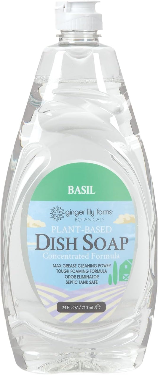 Ginger Lily Farms Botanicals Plant-Based Liquid Dish Soap, Concentrated Formula with Max Grease Cleaning Power, Cruelty-Free, Basil Scent, 24 Fl Oz (Pack of 8)