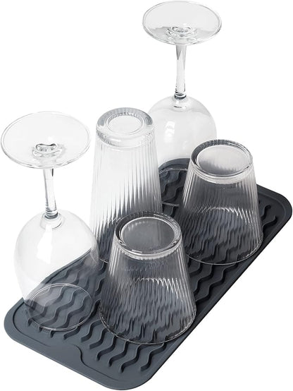 ZLR 2 Pcs Silicone Sponge Holder & Sink Caddy Tray (6" x 12") - Narrow Dish Drying Mat for Kitchen Counter - Waterproof Soap Dispenser Organizer, Non-Slip Bathroom Vanity Tray (Dark Gray)