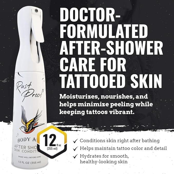 Rust Proof After-Shower Skin Conditioner 12 fl oz – Spray Lotion That Locks in Moisture with 14 Essential Oils – Lightweight Tattoo Aftercare Spray to Hydrate, Nourish & Help Maintain Vibrant Tattoos