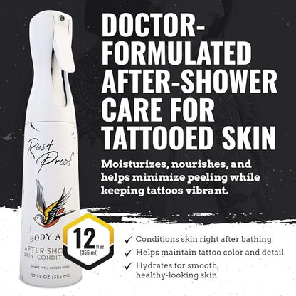 Rust Proof After-Shower Skin Conditioner 12 fl oz – Spray Lotion That Locks in Moisture with 14 Essential Oils – Lightweight Tattoo Aftercare Spray to Hydrate, Nourish & Help Maintain Vibrant Tattoos