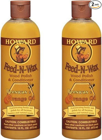 HOWARD Feed n Wax Wood & Conditioner Beeswax Polish, Orange, 16 Fl Oz, Pack of 2