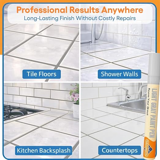 Light Gray Grout Paint Pen Tile Grout Colorant & Sealer Marker, Quick-Dry, Ideal for Bathroom, Shower, Kitchen Tiles Restores Grout Lines, 3 Adjustable Tips (2-3 mm)