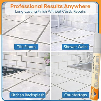 Light Gray Grout Paint Pen Tile Grout Colorant & Sealer Marker, Quick-Dry, Ideal for Bathroom, Shower, Kitchen Tiles Restores Grout Lines, 3 Adjustable Tips (2-3 mm) 2 Pack