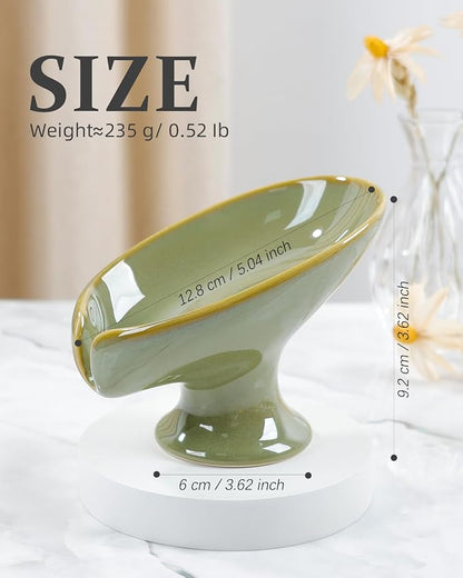 Soap Dish, Self Draining Bar Soap Holder for Bathroom Sink, Leaf Shaped Drainage Ceramic Olive Green Porcelain Decorative Soap Dish, No Suction Cup, ANTIS'S HOME