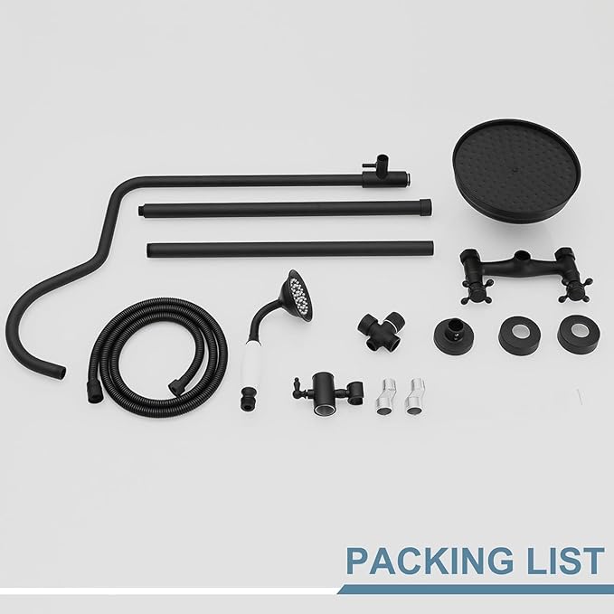 BWE Matte Black Shower Kit Exposed Shower System 8-Inch Rainfall Shower Head with Handheld Spray High Pressure Double Cross Knobs Shower Fixture Wall Mount