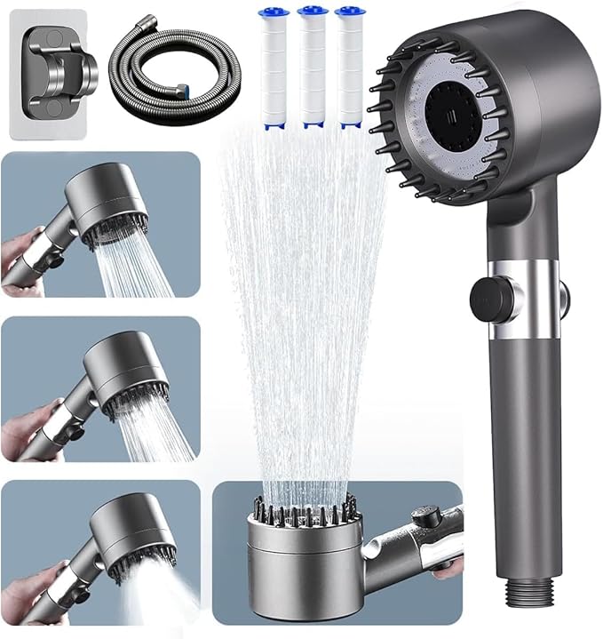 Ion Drops Shower Head, Ion Drops Filtered Showerhead with Handheld, with 60 Inch Hose and Stand, High Pressure 4 Spray Mode Shower Heads with ON/OFF Switch for Pets Bath-Remove Chlorine (Gray)